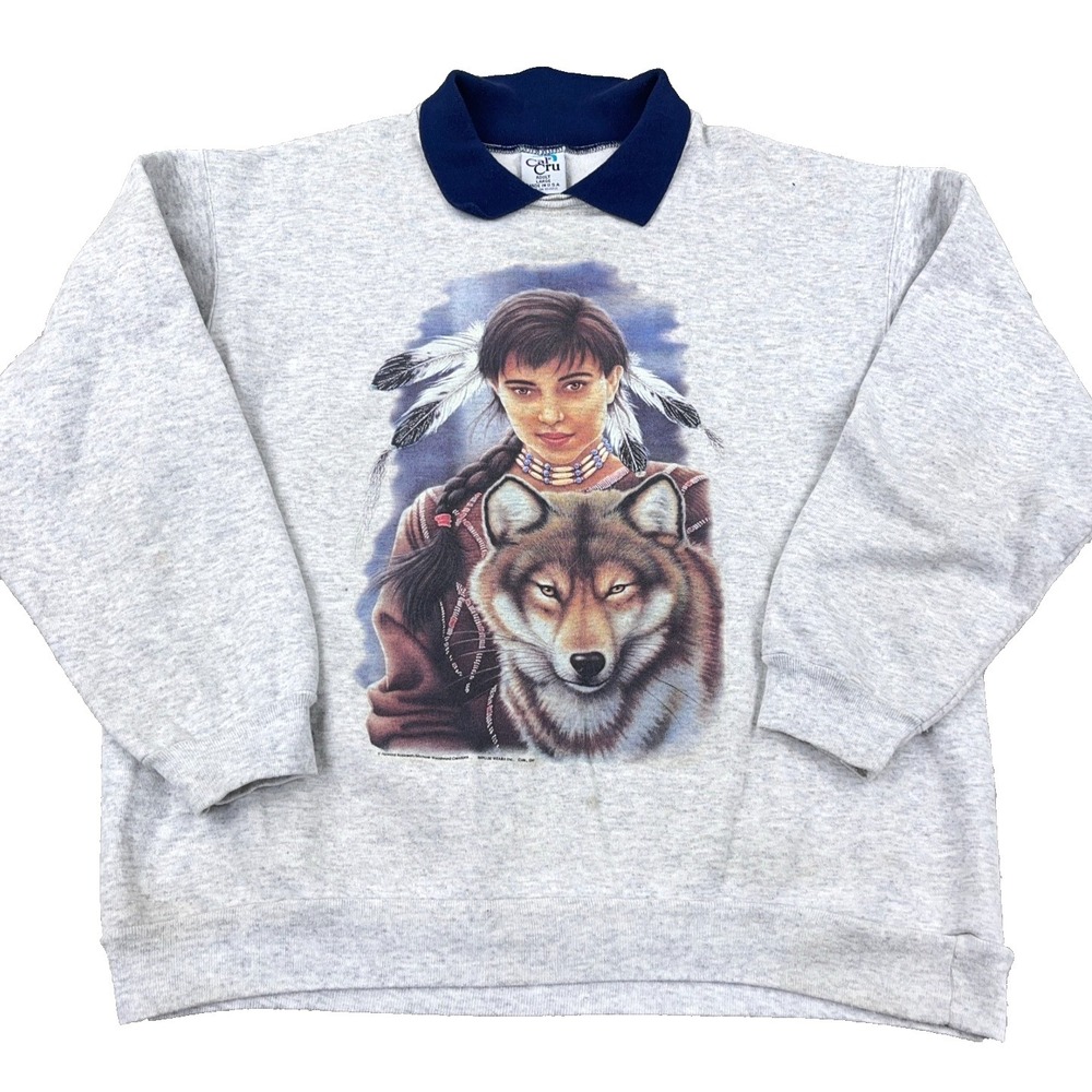 Vintage Nature Sweatshirt Women Large Gray 90s Made In USA Indian Wolf Colored